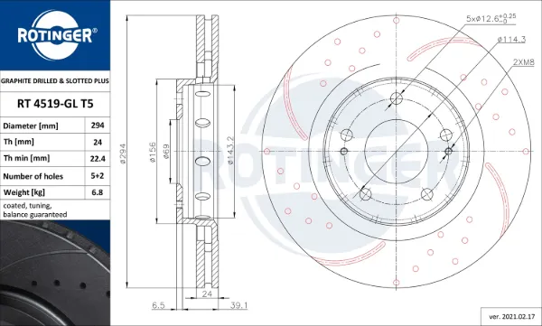 Tarcza hamulcowa przednia RT4519GLT5 Rotinger