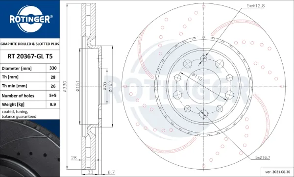 Tarcza hamulcowa przednia RT20367GLT5 Rotinger