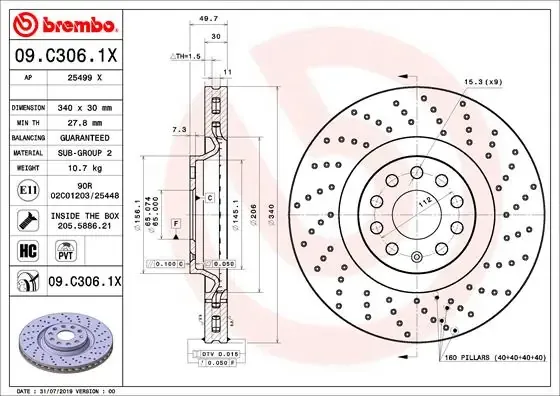 Tarcza hamulcowa przednia 09C3061X Brembo