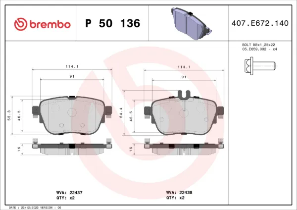 Okładziny (klocki) do hamulców tarczowych tylne P50136 Brembo