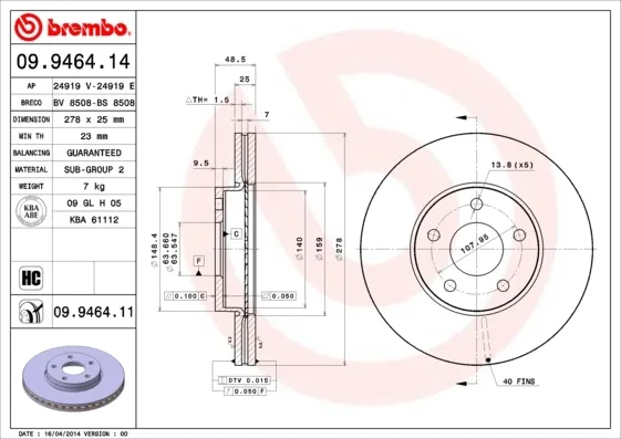 Tarcza hamulcowa przednia 09946411 Brembo