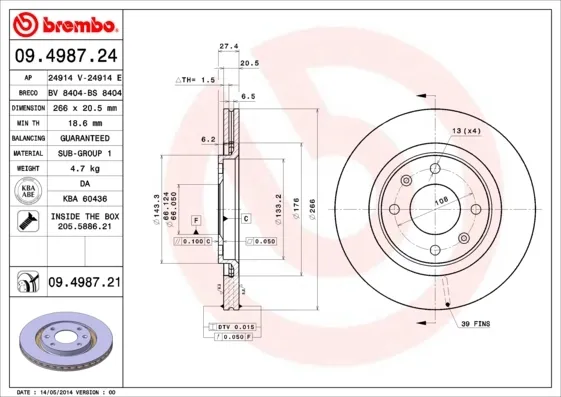 Tarcza hamulcowa przednia 09498721 Brembo