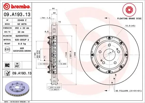 Tarcza hamulcowa przednia 09A19313 Brembo