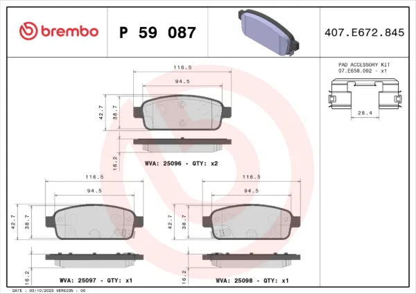Okładziny (klocki) do hamulców tarczowych tylne P59087 Brembo
