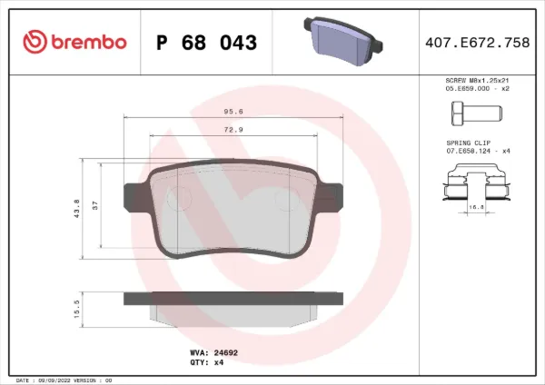 Okładziny (klocki) do hamulców tarczowych tylne P68043 Brembo