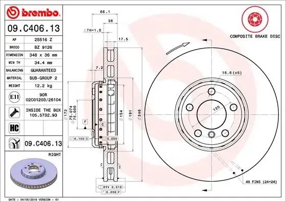 Tarcza hamulcowa przednia 09C40613 Brembo