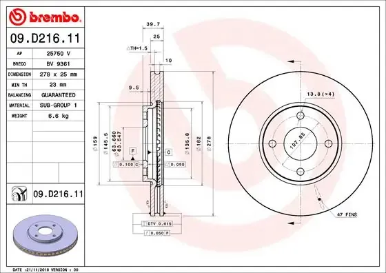 Tarcza hamulcowa przednia 09D21611 Brembo