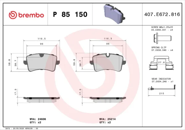 Okładziny (klocki) do hamulców tarczowych tylne P85150 Brembo
