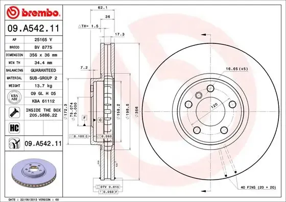 Tarcza hamulcowa przednia 09A54211 Brembo