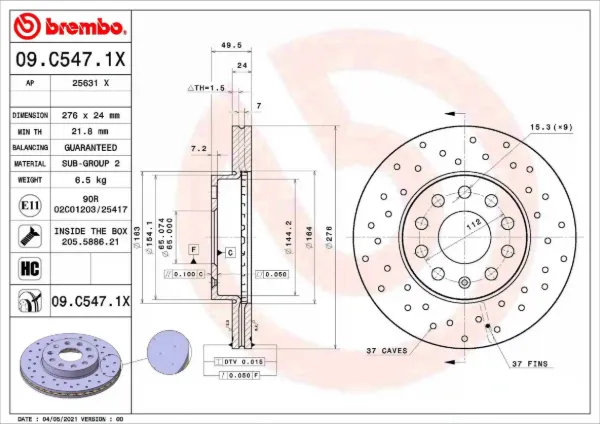Tarcza hamulcowa przednia 09C5471X Brembo