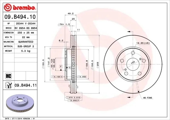 Tarcza hamulcowa przednia 09B49411 Brembo