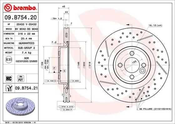 Tarcza hamulcowa przednia 09B75421 Brembo