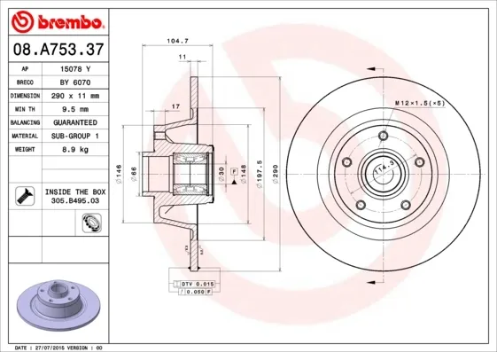 Tarcza hamulcowa tylna 08A75337 Brembo