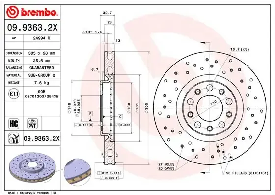 Tarcza hamulcowa przednia 0993632X Brembo