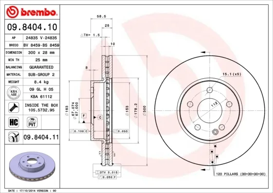 Tarcza hamulcowa przednia 09840411 Brembo