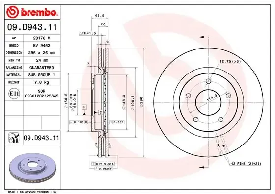 Tarcza hamulcowa przednia 09D94311 Brembo