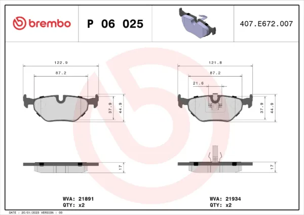 Okładziny (klocki) do hamulców tarczowych tylne P06025 Brembo