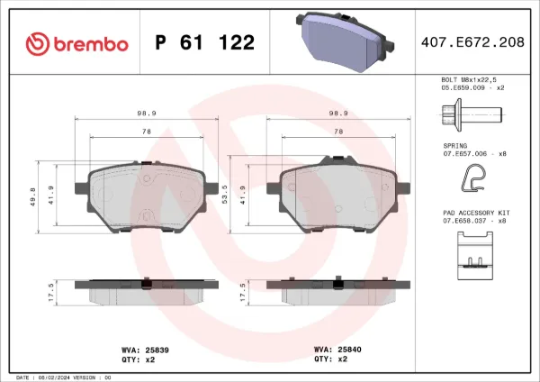 Okładziny (klocki) do hamulców tarczowych tylne P61122 Brembo