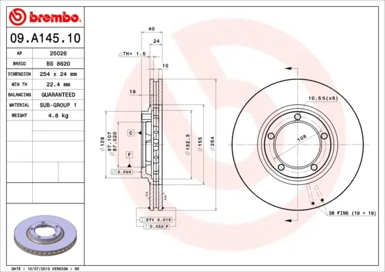 Tarcza hamulcowa przednia 09A14510 Brembo