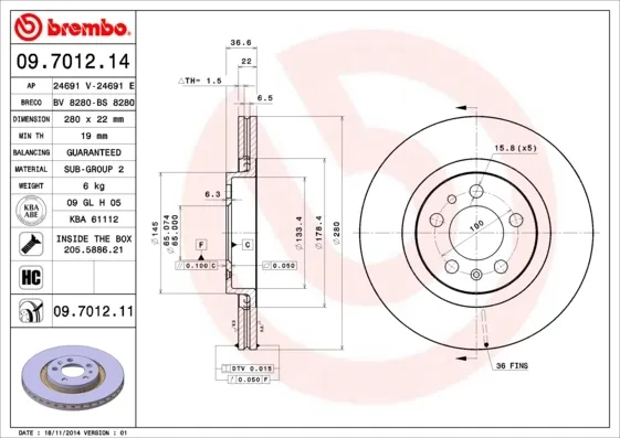 Tarcza hamulcowa przednia 09701211 Brembo