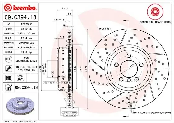 Tarcza hamulcowa przednia 09C39413 Brembo