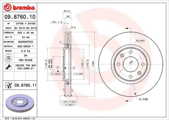 Tarcza hamulcowa przednia 09876010 Brembo