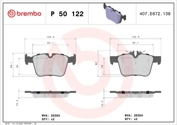 Okładziny (klocki) do hamulców tarczowych tylne P50122 Brembo