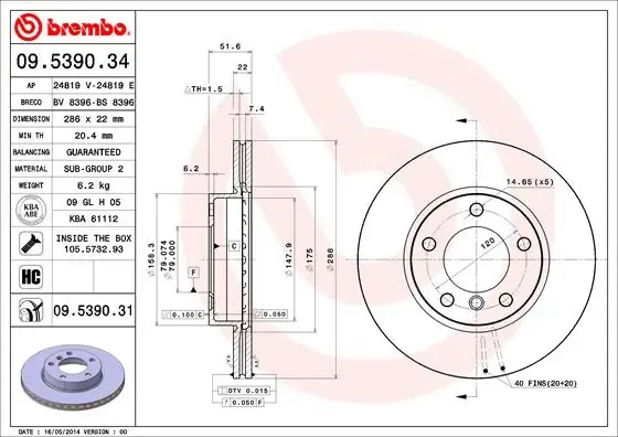 Tarcza hamulcowa przednia 09539031 Brembo