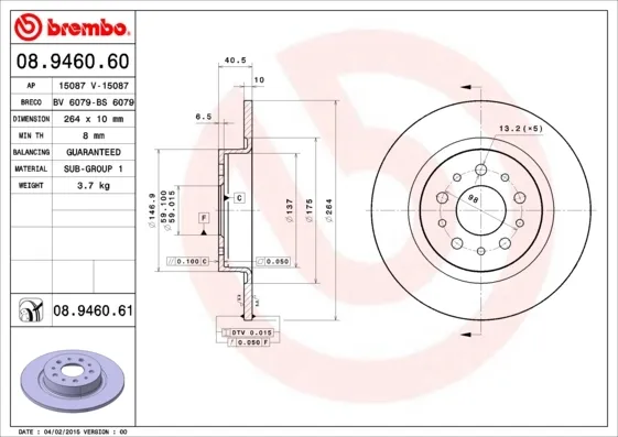 Tarcza hamulcowa tylna 08946061 Brembo