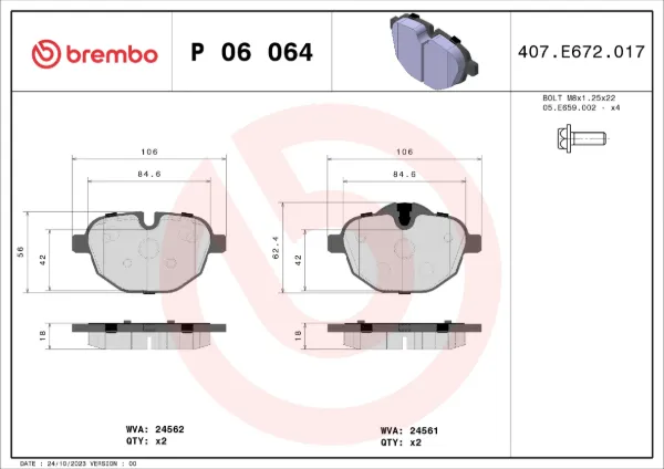 Okładziny (klocki) do hamulców tarczowych tylne P06064 Brembo