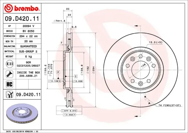 Tarcza hamulcowa tylna 09D42011 Brembo