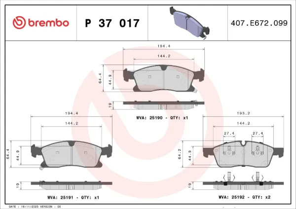 Klocki hamulcowe przednie tarczowe P37017 Brembo