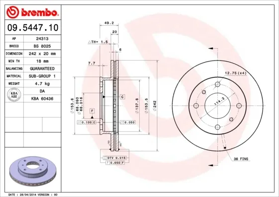 Tarcza hamulcowa przednia 09544710 Brembo