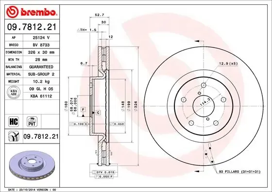 Tarcza hamulcowa przednia 09781221 Brembo