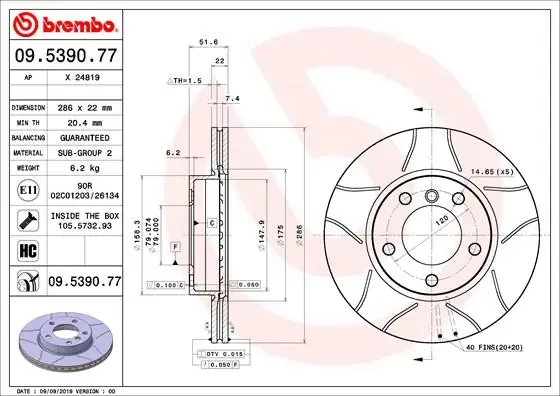 Tarcza hamulcowa przednia 09539077 Brembo