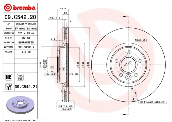 Tarcza hamulcowa przednia 09C54221 Brembo