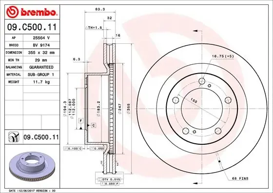 Tarcza hamulcowa przednia 09C50011 Brembo