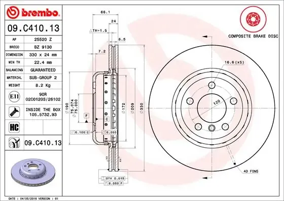 Tarcza hamulcowa przednia 09C41013 Brembo