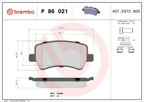 Okładziny (klocki) do hamulców tarczowych tylne P86021 Brembo