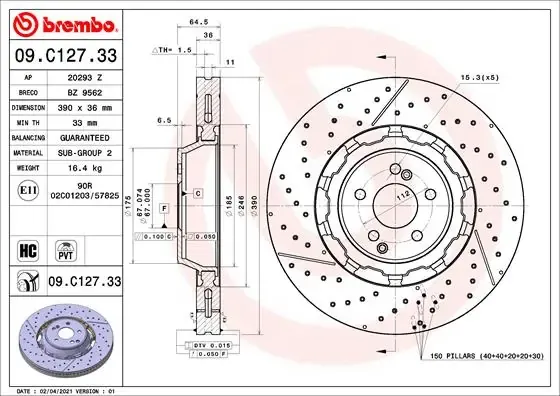 Tarcza hamulcowa przednia 09C12733 Brembo