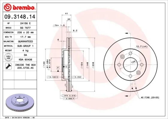Tarcza hamulcowa przednia 09314814 Brembo
