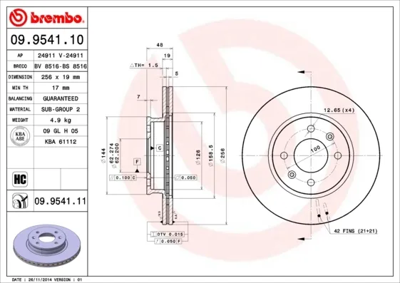 Tarcza hamulcowa przednia 09954110 Brembo