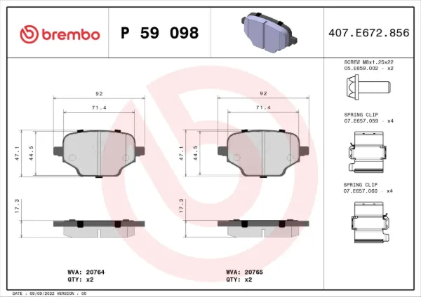 Okładziny (klocki) do hamulców tarczowych tylne P59098 Brembo