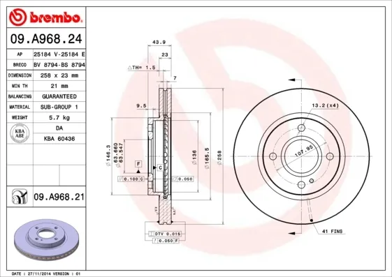Tarcza hamulcowa przednia 09A96824 Brembo