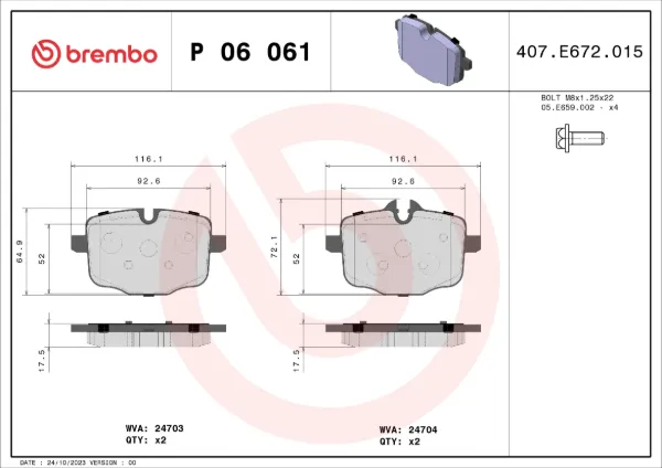 Okładziny (klocki) do hamulców tarczowych tylne P06061 Brembo