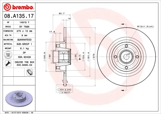 Tarcza hamulcowa tylna 08A13517 Brembo