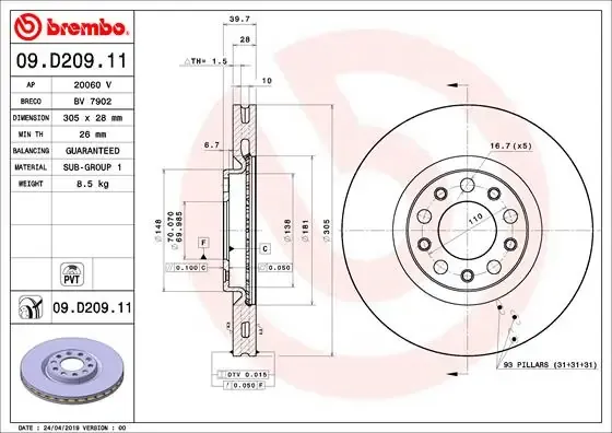 Tarcza hamulcowa przednia 09D20911 Brembo