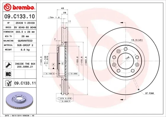 Tarcza hamulcowa przednia 09C13311 Brembo