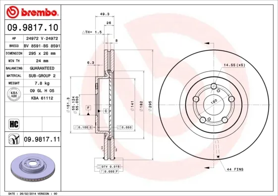 Tarcza hamulcowa przednia 09981711 Brembo