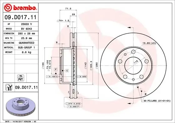Tarcza hamulcowa przednia 09D01711 Brembo